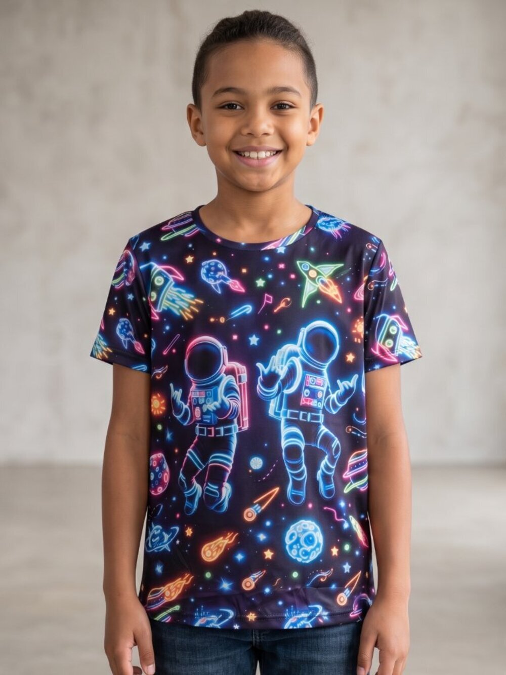 NWOT | Kids Neon 3D Space Astronaut Galaxy All Over Print Graphic Tee | 12/13
